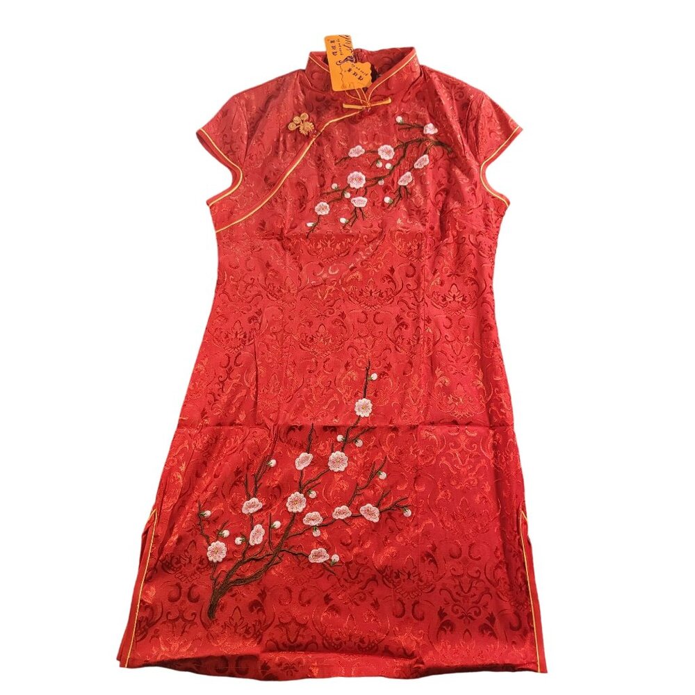 Qiao Yu Bo Silk Chinese Dress Women Sz M Floral Sleeveless Red Qipao